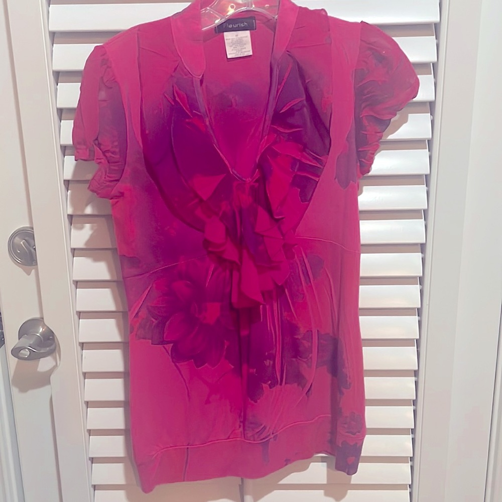hot pink v neck shirt with ruffles/sheer detail